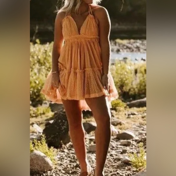 Free People Dresses & Skirts - Free People small boho halter backless mini dress vibrant papaya color